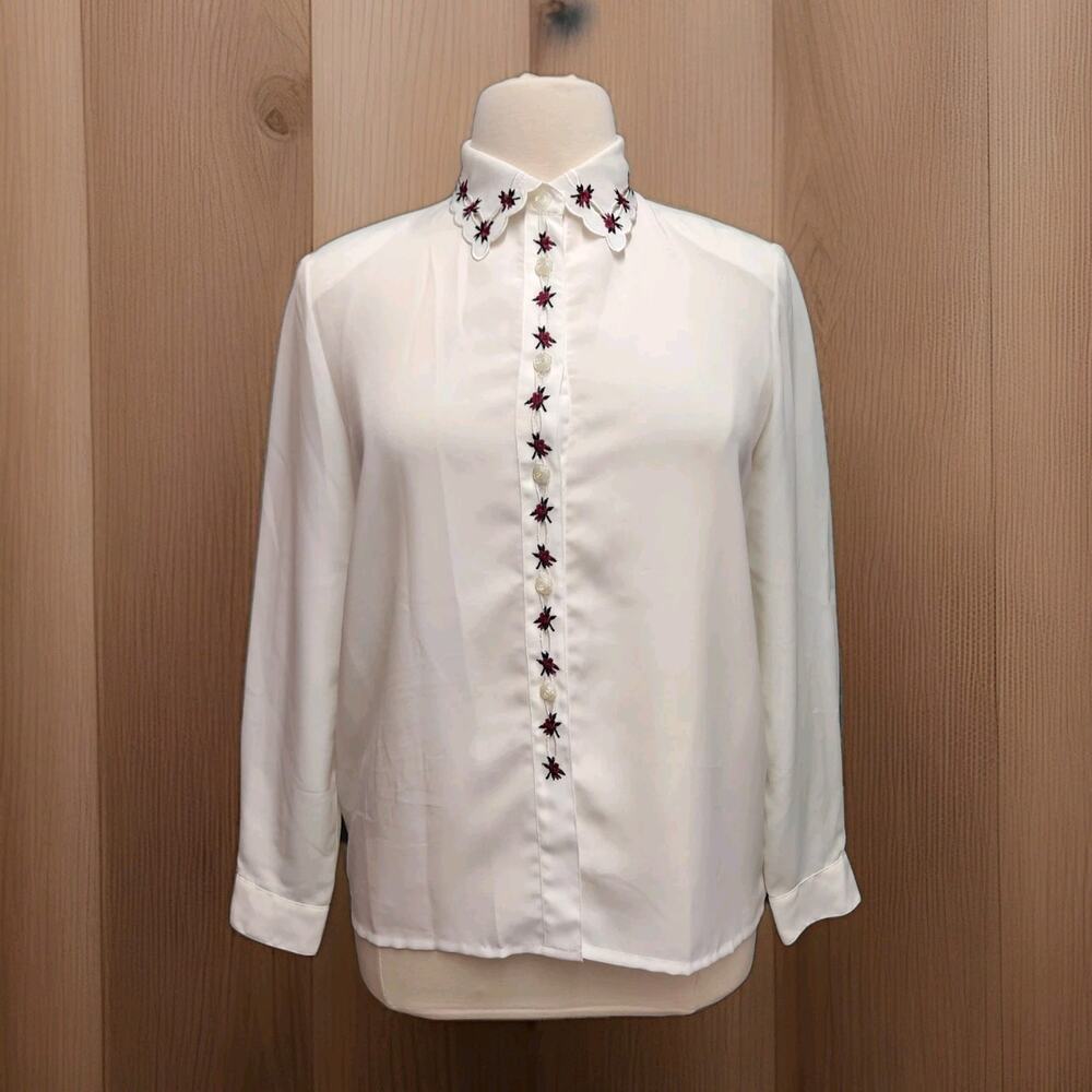 Vintage 80s Christie & Jill White Red Rose Embroider Blouse Shoulder Pad 16 XL